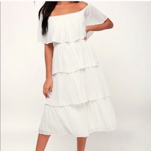 White Off-the-Shoulder Ruffle Midi Dress
